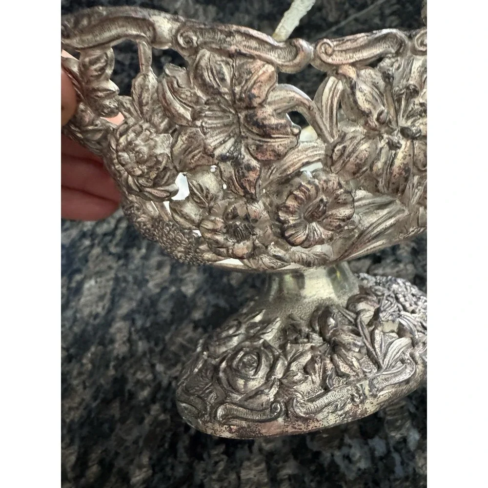 Antique Silver - Toned Metal Ornate Floral Basket/Candy Dish. Trinkets, Keys‎
